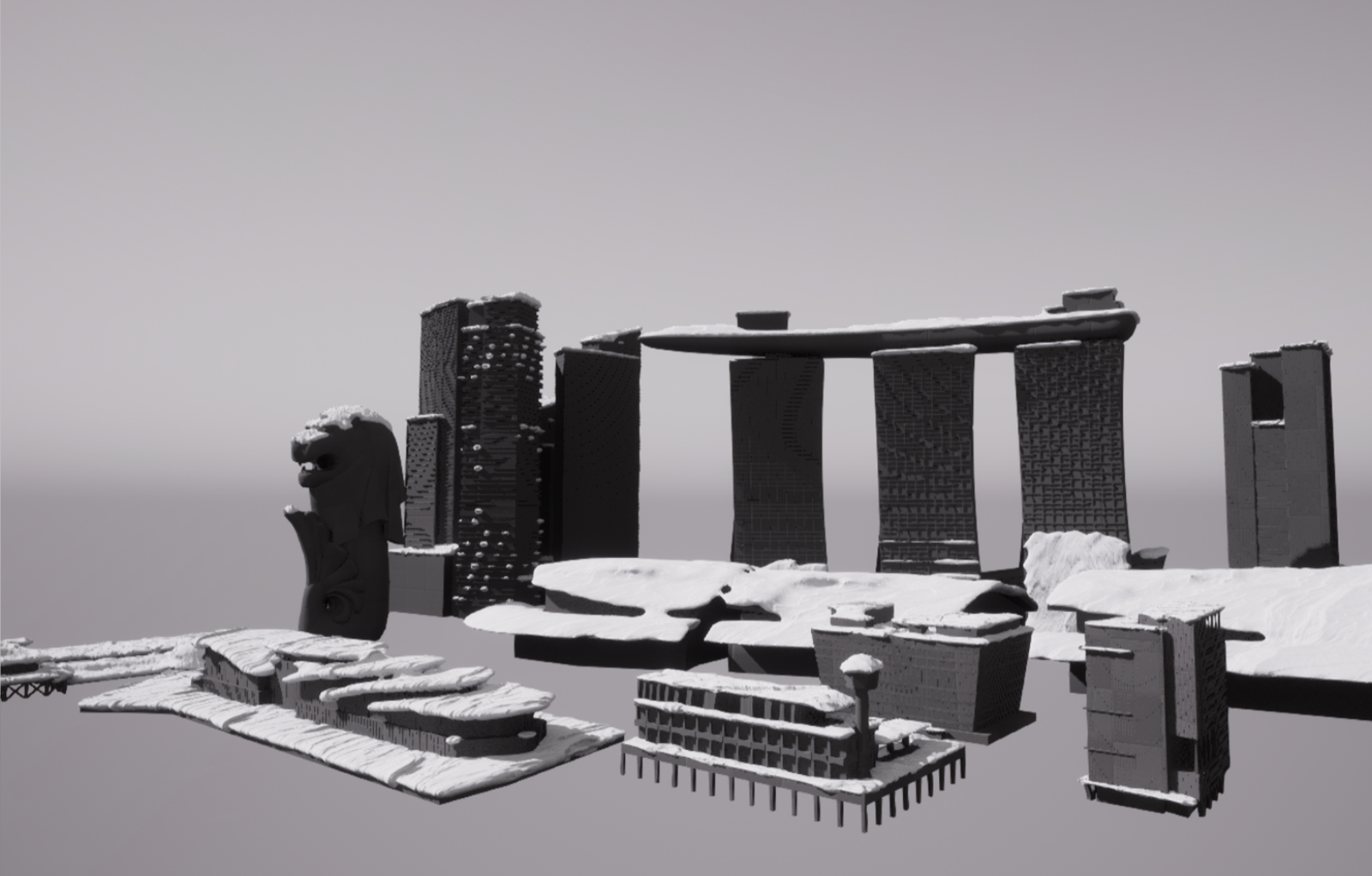 Procedural snow applied to buildings and terrain