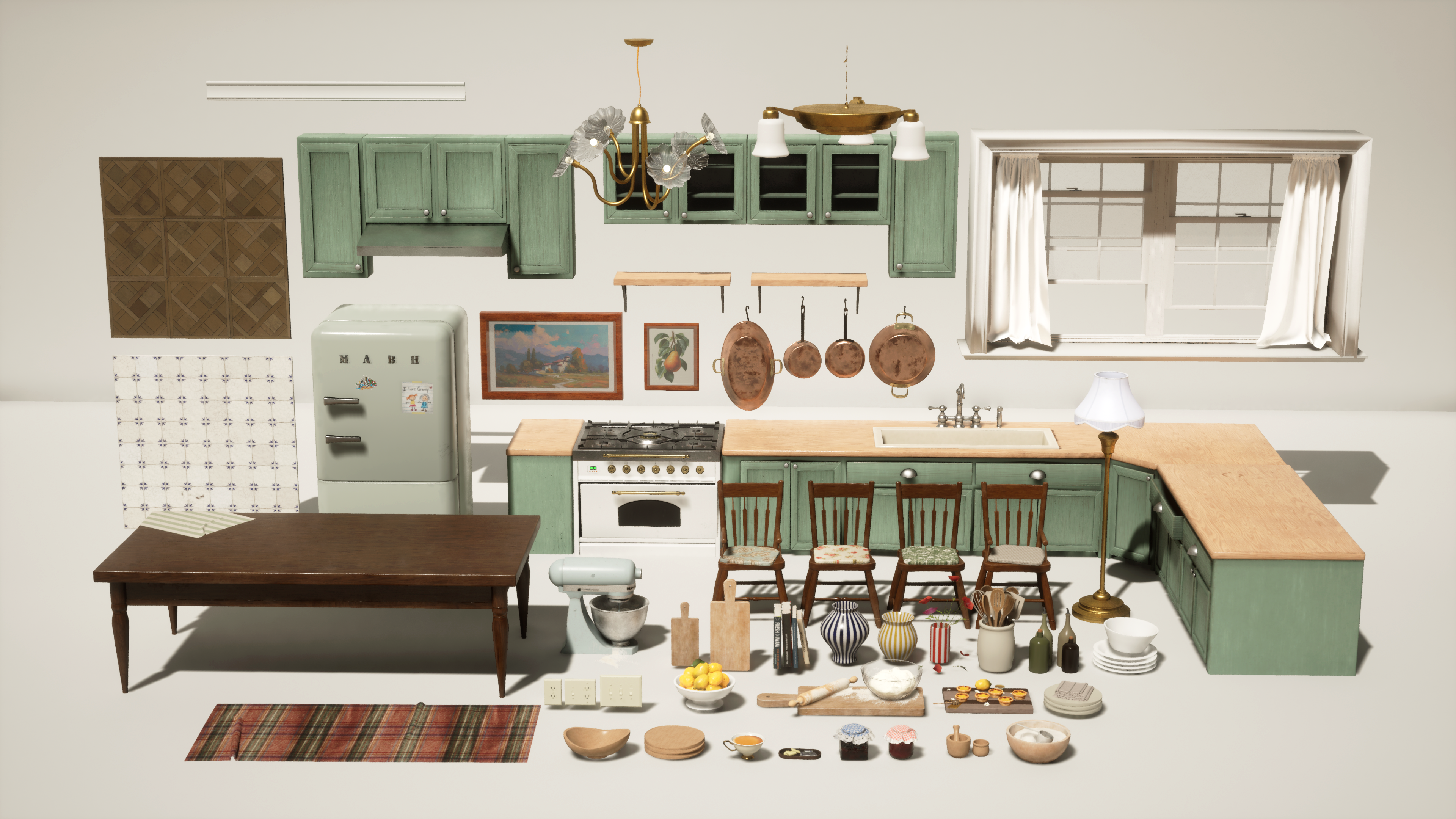 All kitchen props laid out — asset pack